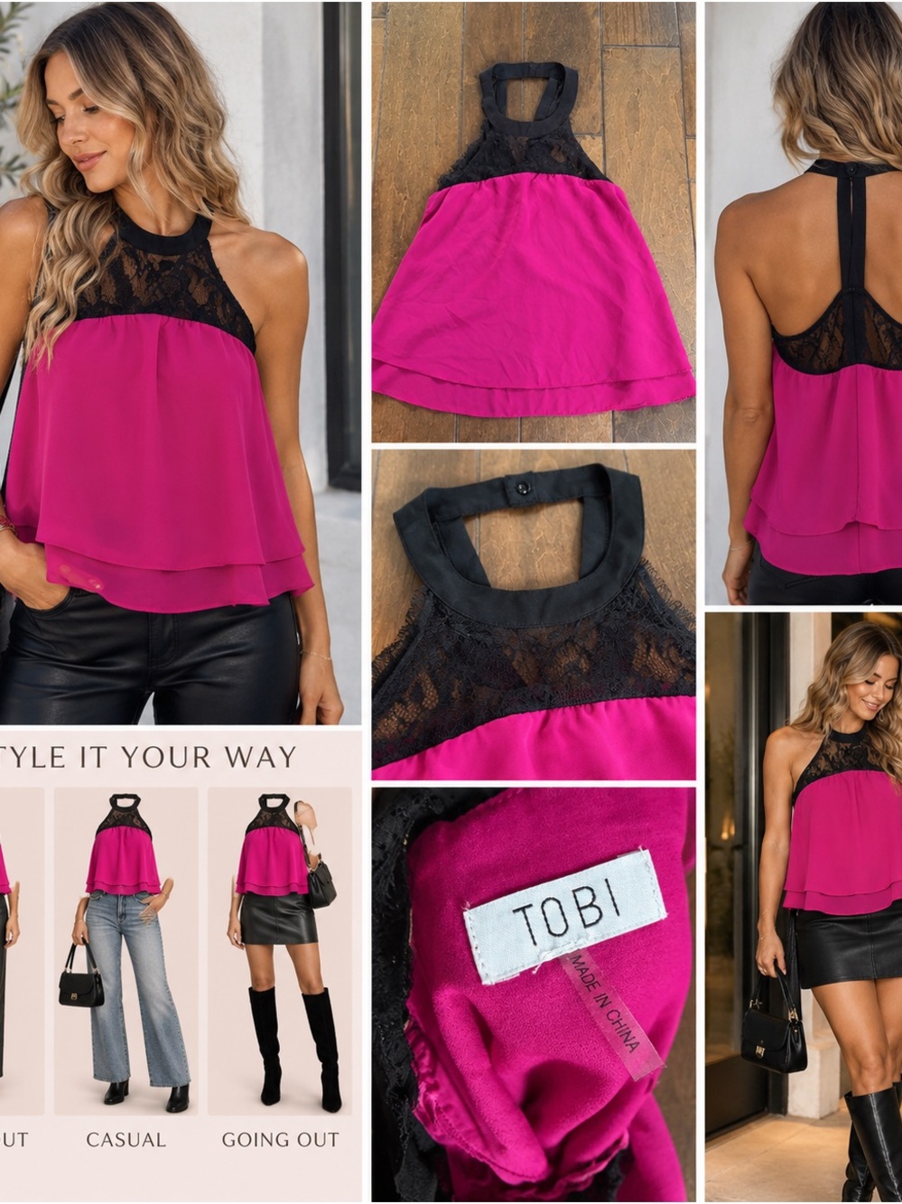 Tobi Hot Pink Chiffon Halter Top with Black Lace Yoke
